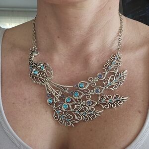 Like New Silver Peacock Statement necklace, Teal & Lavender rhinestones. Unique!